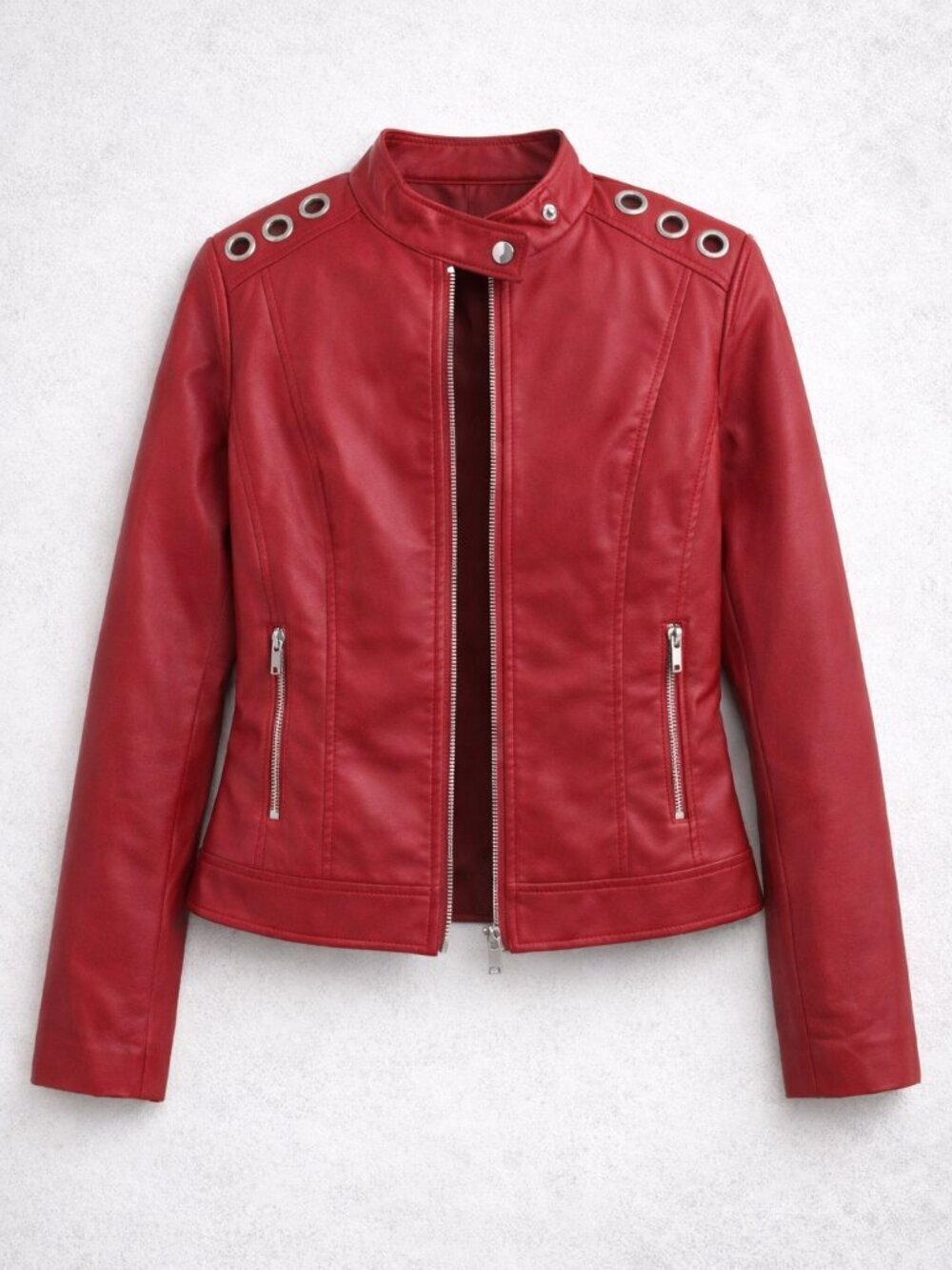 NWT NY & Co Red Faux-Leather Moto Jacket W/Grommet Accents Size Medium